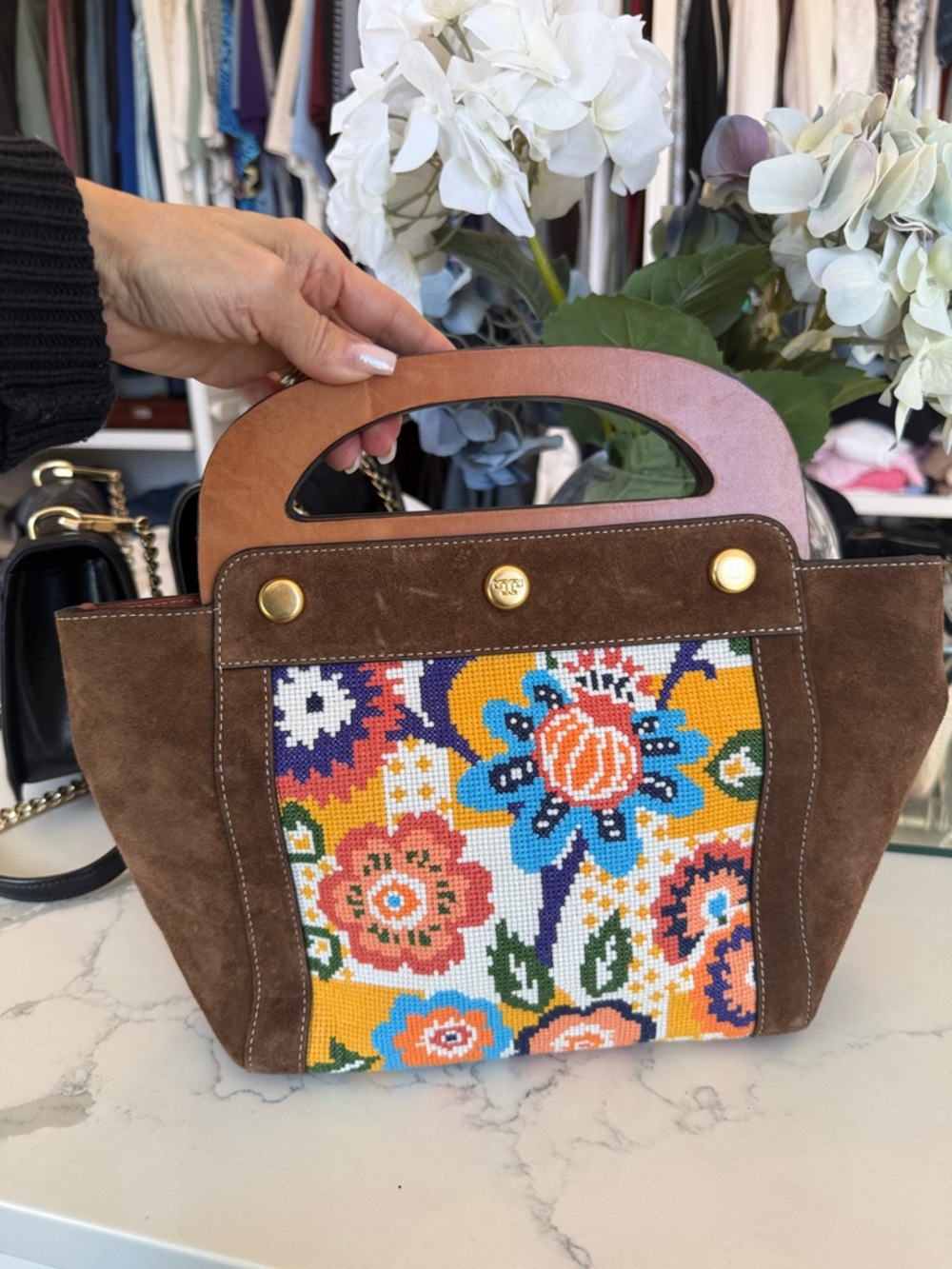 Tory Burch Suede bag with wooden handles Cognac suede Needlepoint Panel